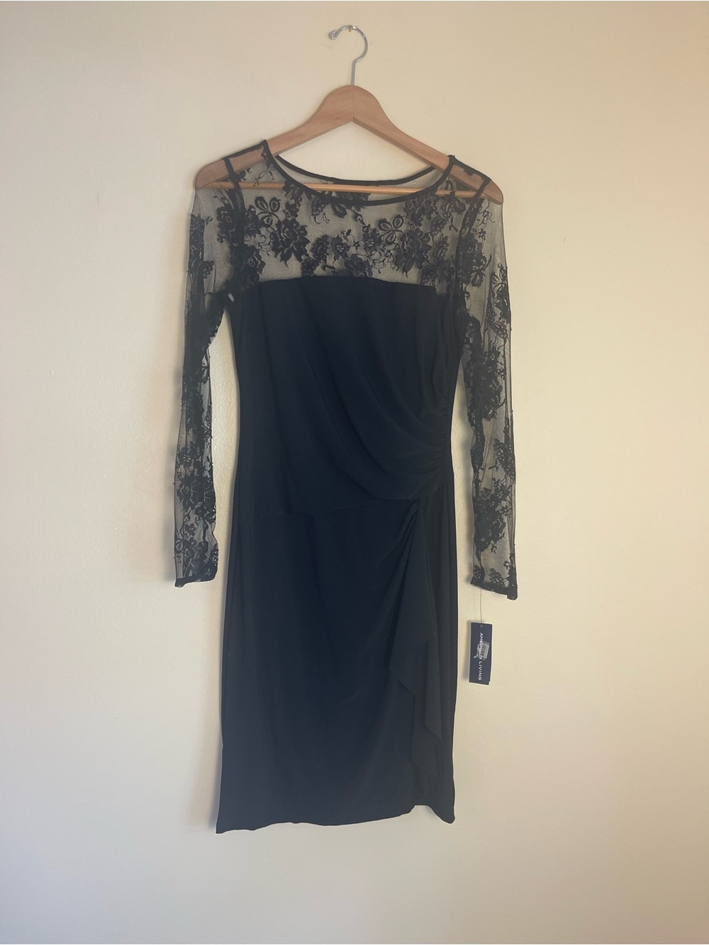 Black Sheer Floral Lace Faux Wrap Dress 8 Ruched Stretchy Cocktail Party Formal - Picture 13 of 16